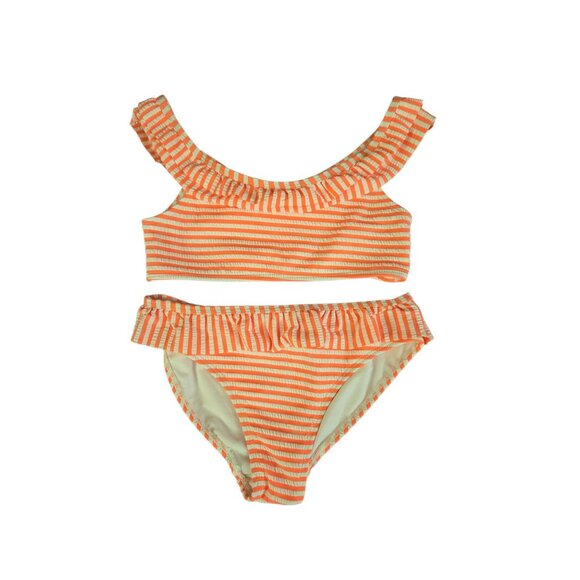 NWT Girls 2-Piece Ruffle Bikini Swimsuit – Size Medium 7/8 Coral Stripe UPF 50+ - Picture 1 of 3
